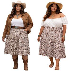 Style & Co. Western Boho Paisley Linen Blend Skirt Brown Cowgirl Plus Size 20W